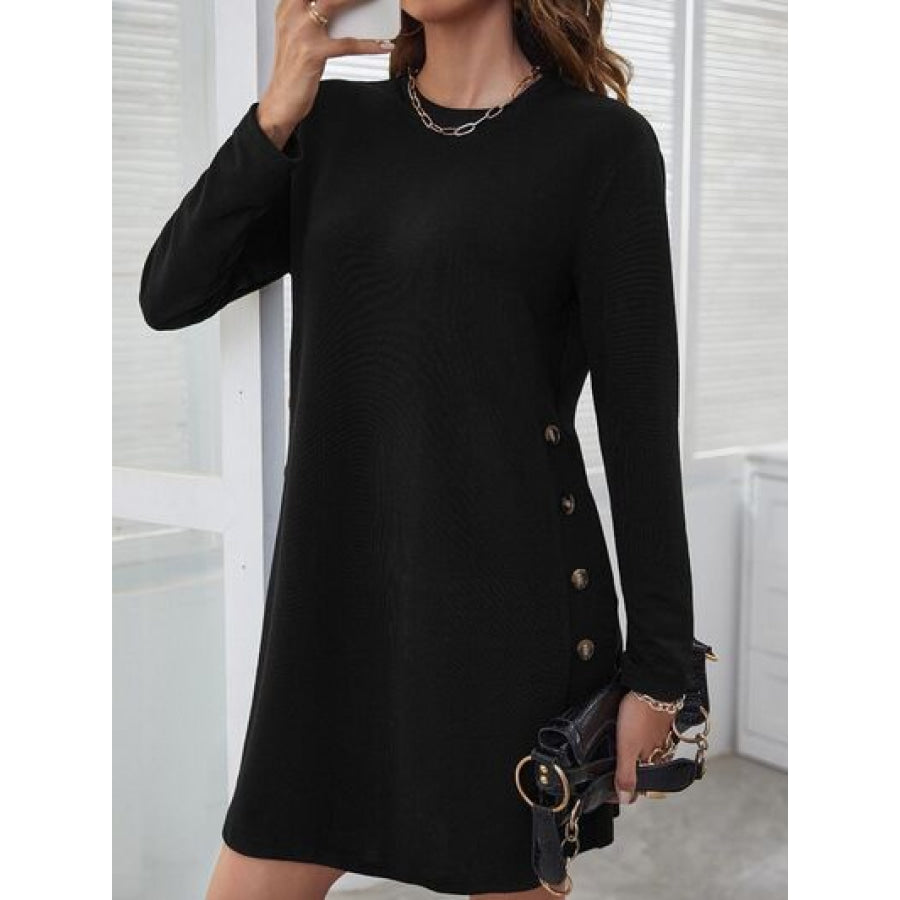 Round Neck Long Sleeve Mini Dress Black / S Apparel and Accessories