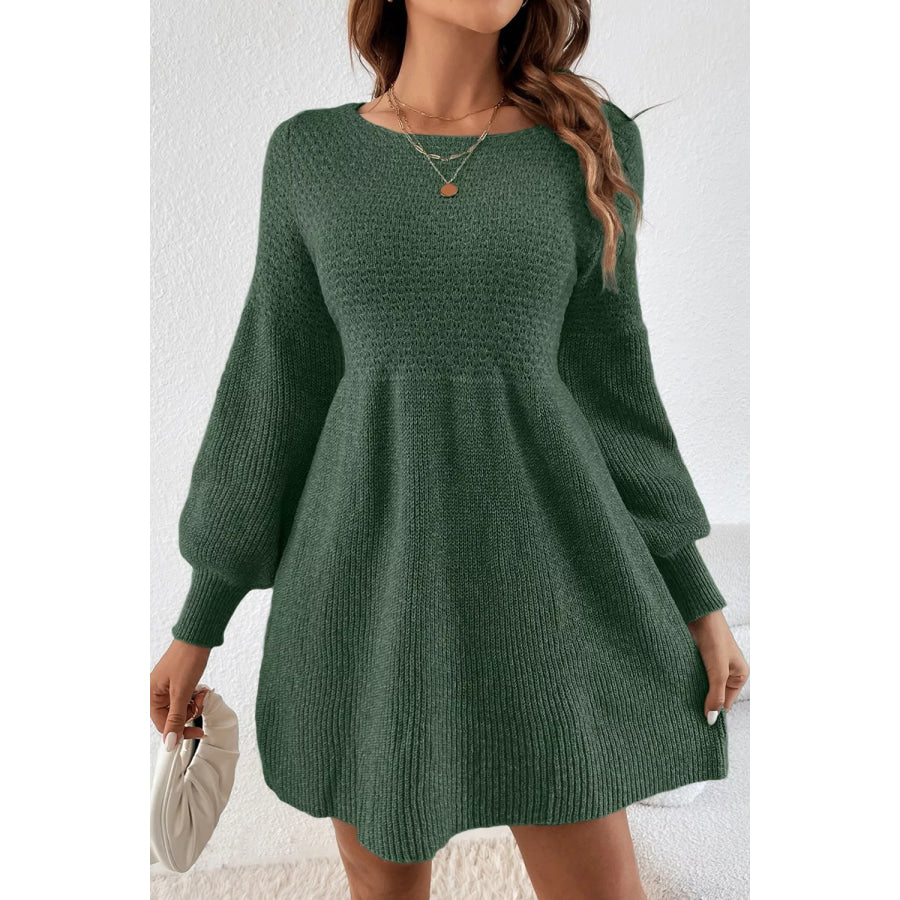 Round Neck Long Sleeve Mini Dress Dark Green / S Apparel and Accessories