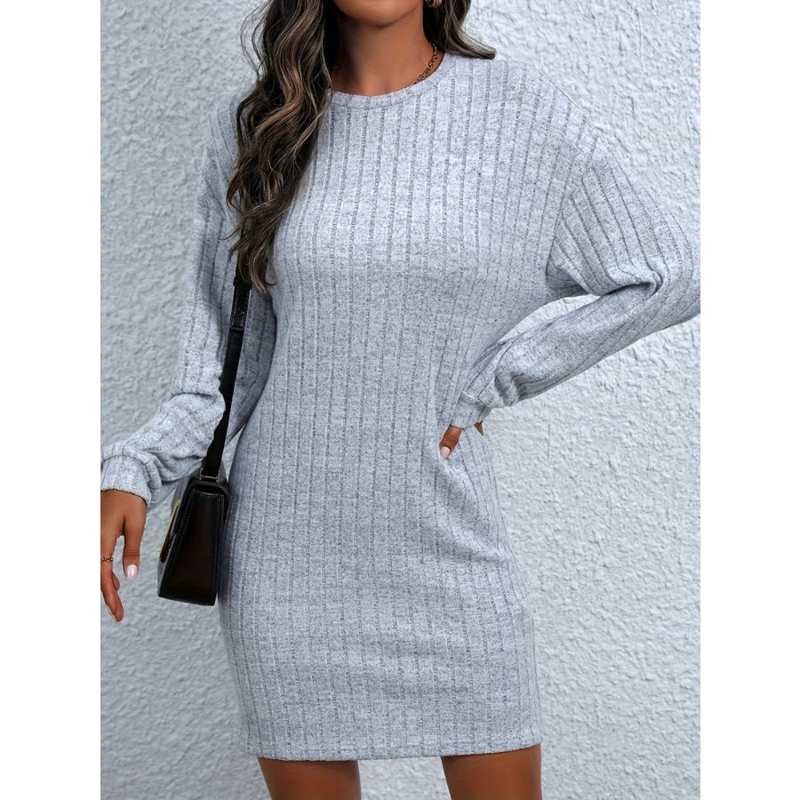 Round Neck Long Sleeve Mini Dress Gray / S Apparel and Accessories