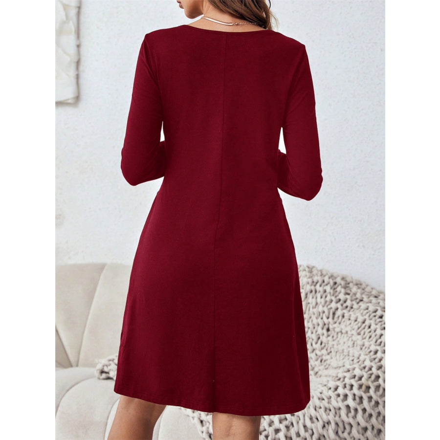 Round Neck Long Sleeve Mini Dress with Pockets Apparel and Accessories