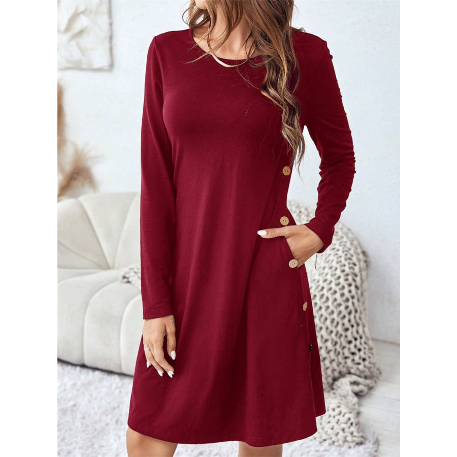 Round Neck Long Sleeve Mini Dress with Pockets Apparel and Accessories