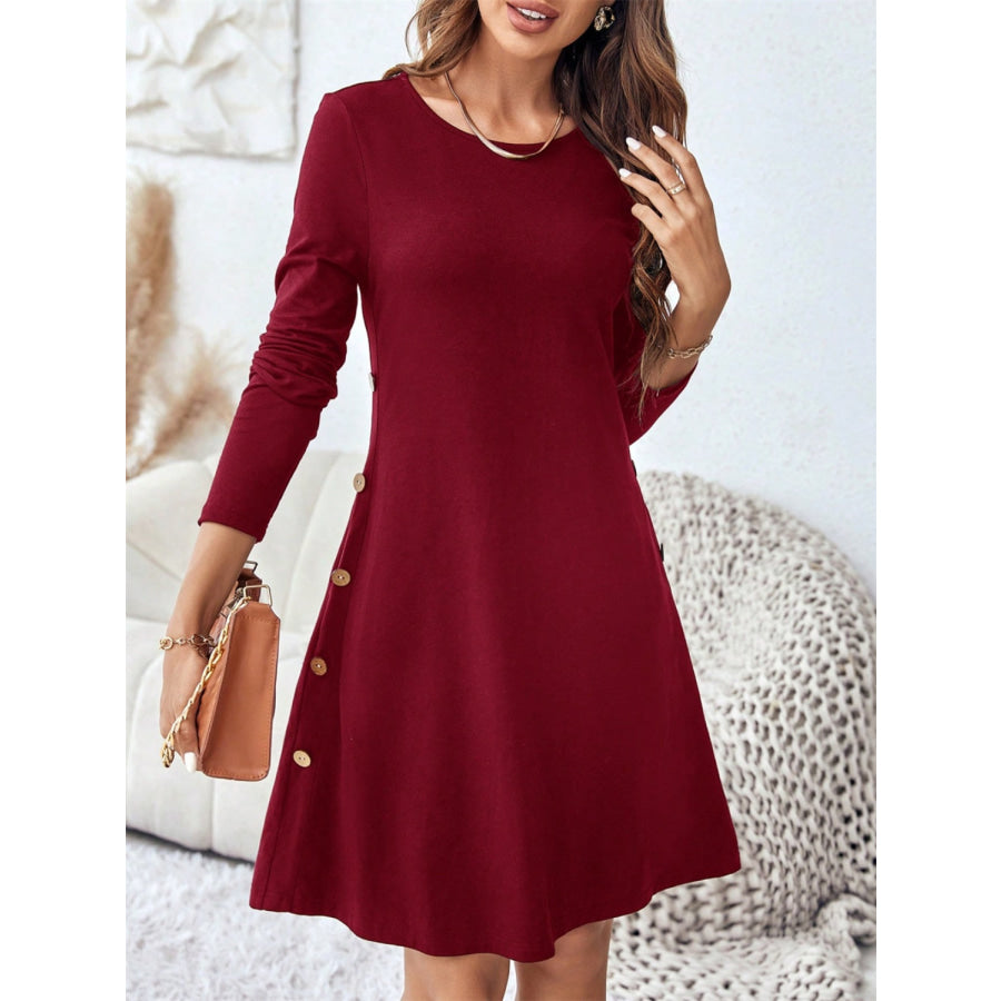 Round Neck Long Sleeve Mini Dress with Pockets Burgundy / S Apparel and Accessories