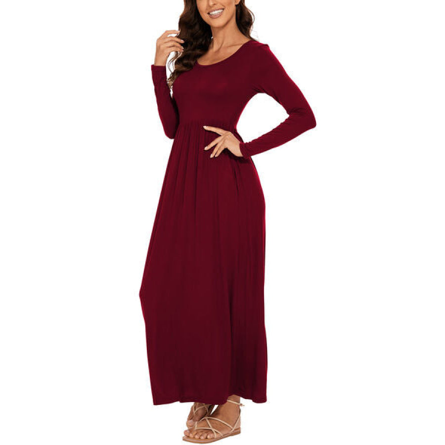 Round Neck Long Sleeve Pocketed Maxi Dress Clothing