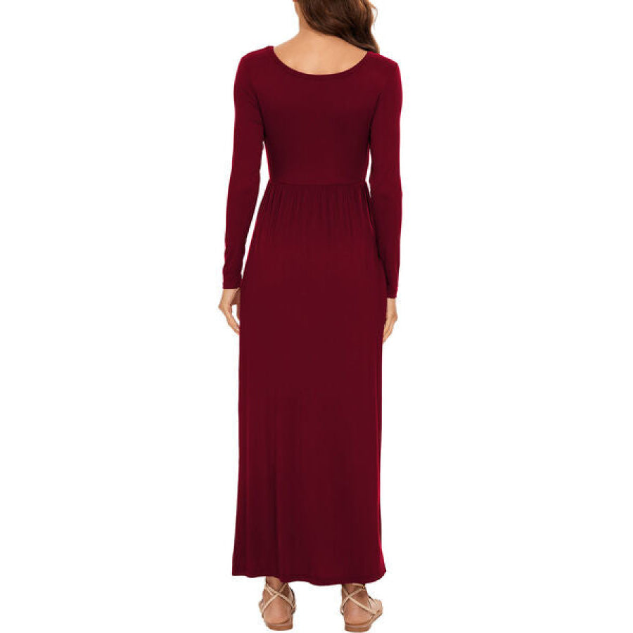 Round Neck Long Sleeve Pocketed Maxi Dress Clothing