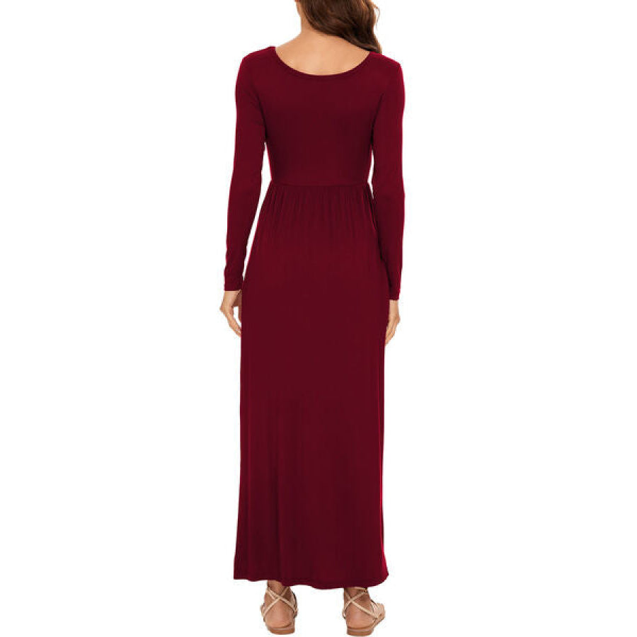 Round Neck Long Sleeve Pocketed Maxi Dress Wine / S Clothing