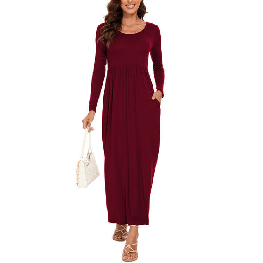 Round Neck Long Sleeve Pocketed Maxi Dress Clothing