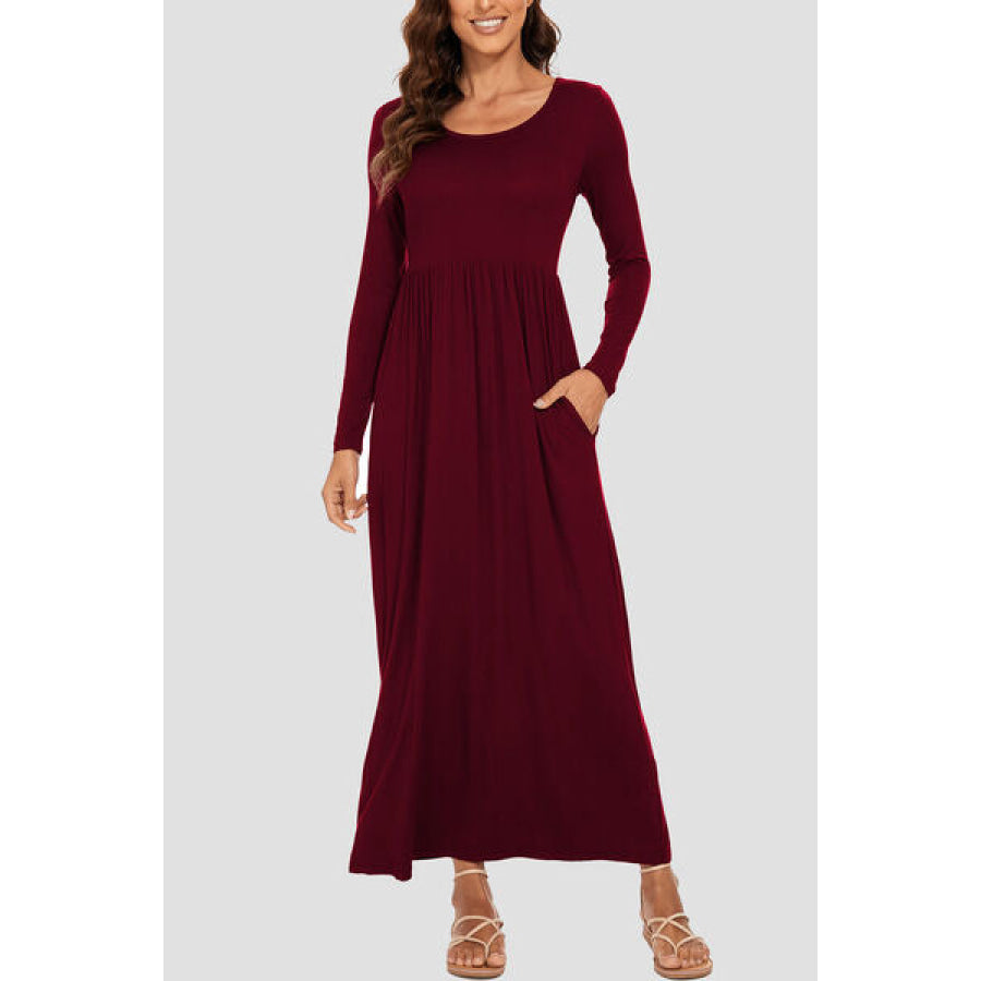 Round Neck Long Sleeve Pocketed Maxi Dress Wine / S Clothing