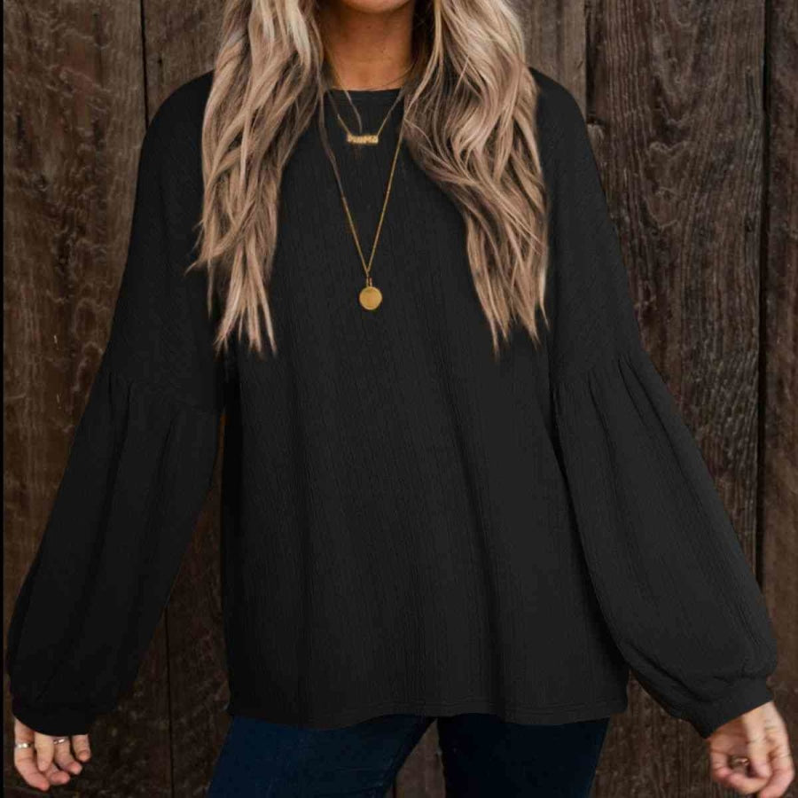 Round Neck Long Sleeve Ruched Blouse Black / S