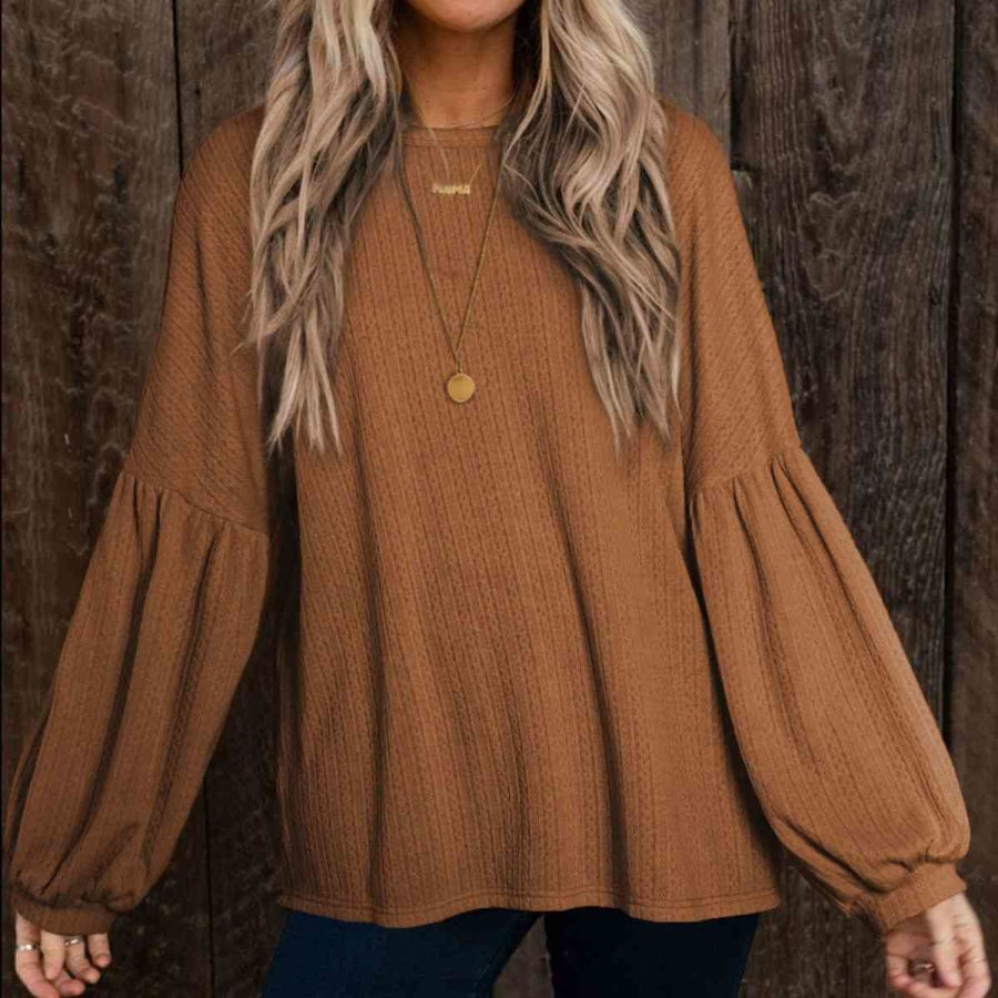 Round Neck Long Sleeve Ruched Blouse Camel / S