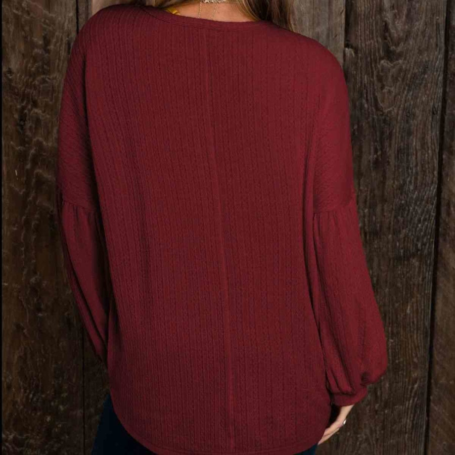 Round Neck Long Sleeve Ruched Blouse Wine / S