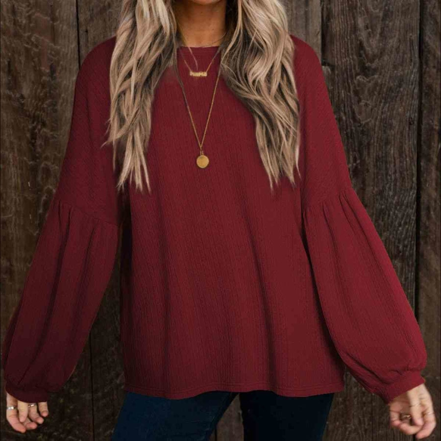 Round Neck Long Sleeve Ruched Blouse Wine / S