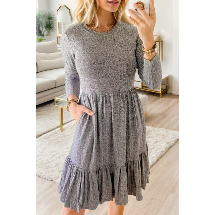 Round Neck Long Sleeve Ruffle Hem Dress Heather Gray / S Apparel and Accessories