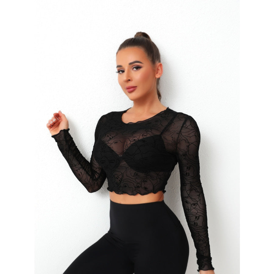 Round Neck Long Sleeve Sheer Top Apparel and Accessories