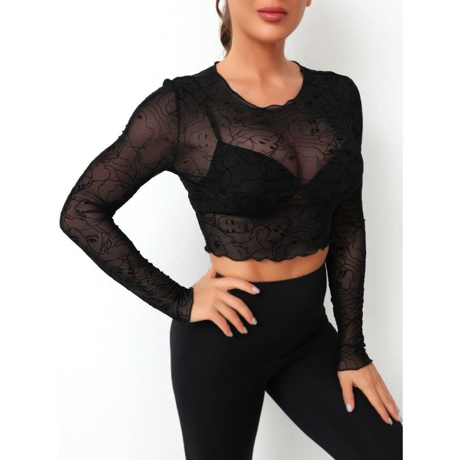 Round Neck Long Sleeve Sheer Top Apparel and Accessories