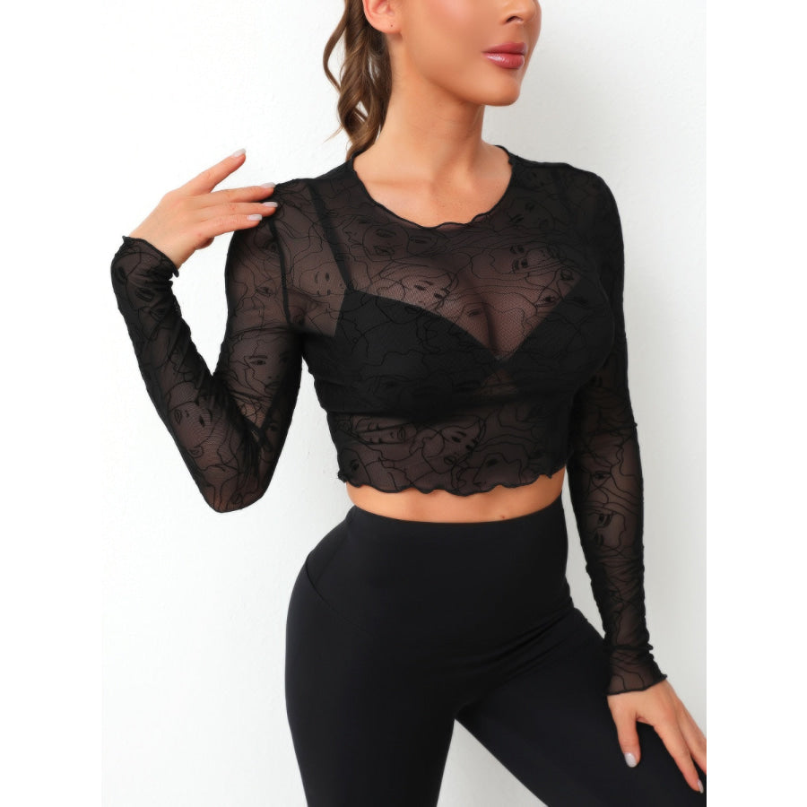 Round Neck Long Sleeve Sheer Top Apparel and Accessories