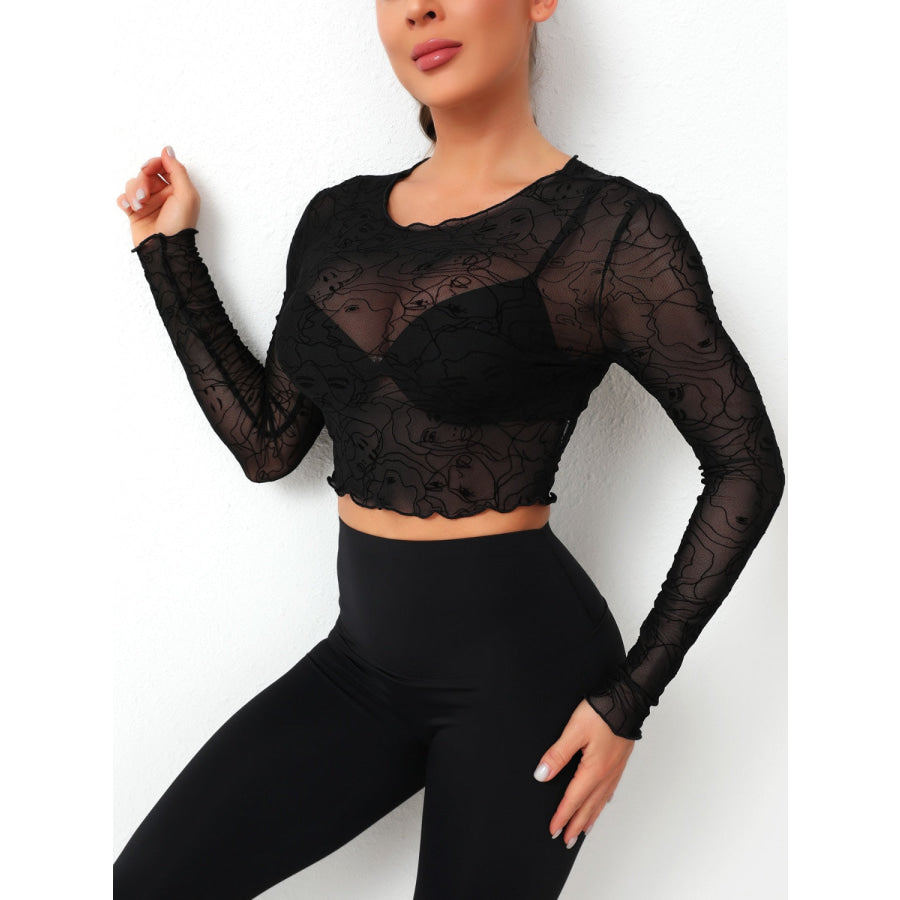 Round Neck Long Sleeve Sheer Top Apparel and Accessories