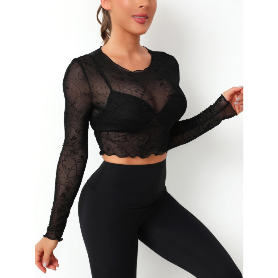 Round Neck Long Sleeve Sheer Top Apparel and Accessories