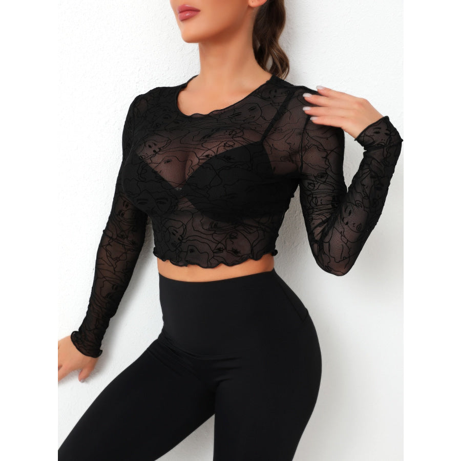 Round Neck Long Sleeve Sheer Top Apparel and Accessories