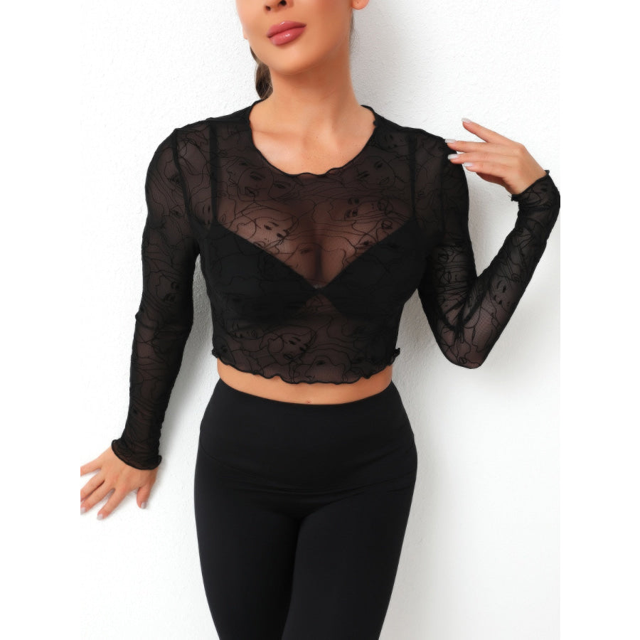 Round Neck Long Sleeve Sheer Top Black / XS Apparel and Accessories