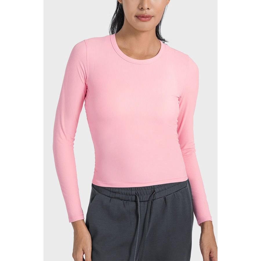 Round Neck Long Sleeve Sports Top Carnation Pink / 4