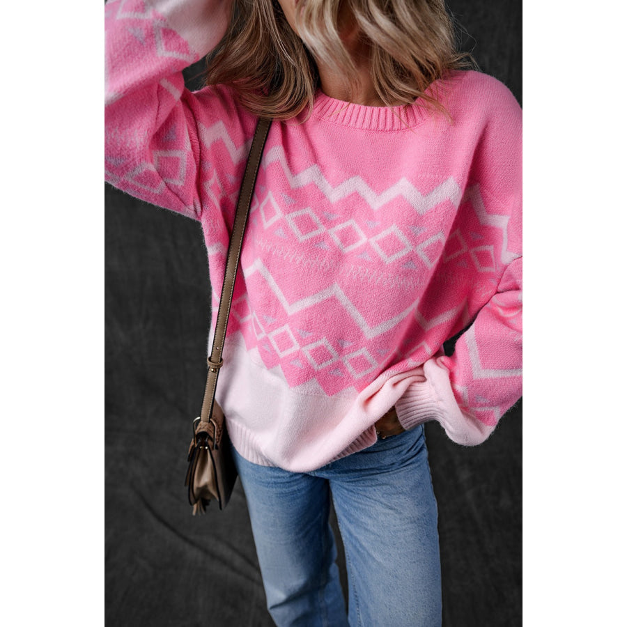 Round Neck Long Sleeve Sweater Fuchsia Pink / S Apparel and Accessories