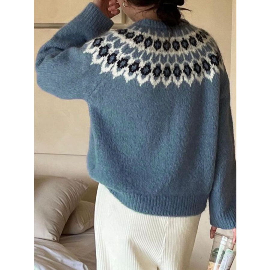 Round Neck Long Sleeve Sweater French Blue / S Apparel and Accessories