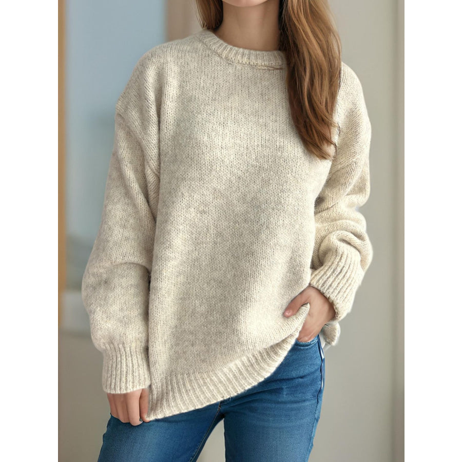 Round Neck Long Sleeve Sweater Beige / One Size Apparel and Accessories