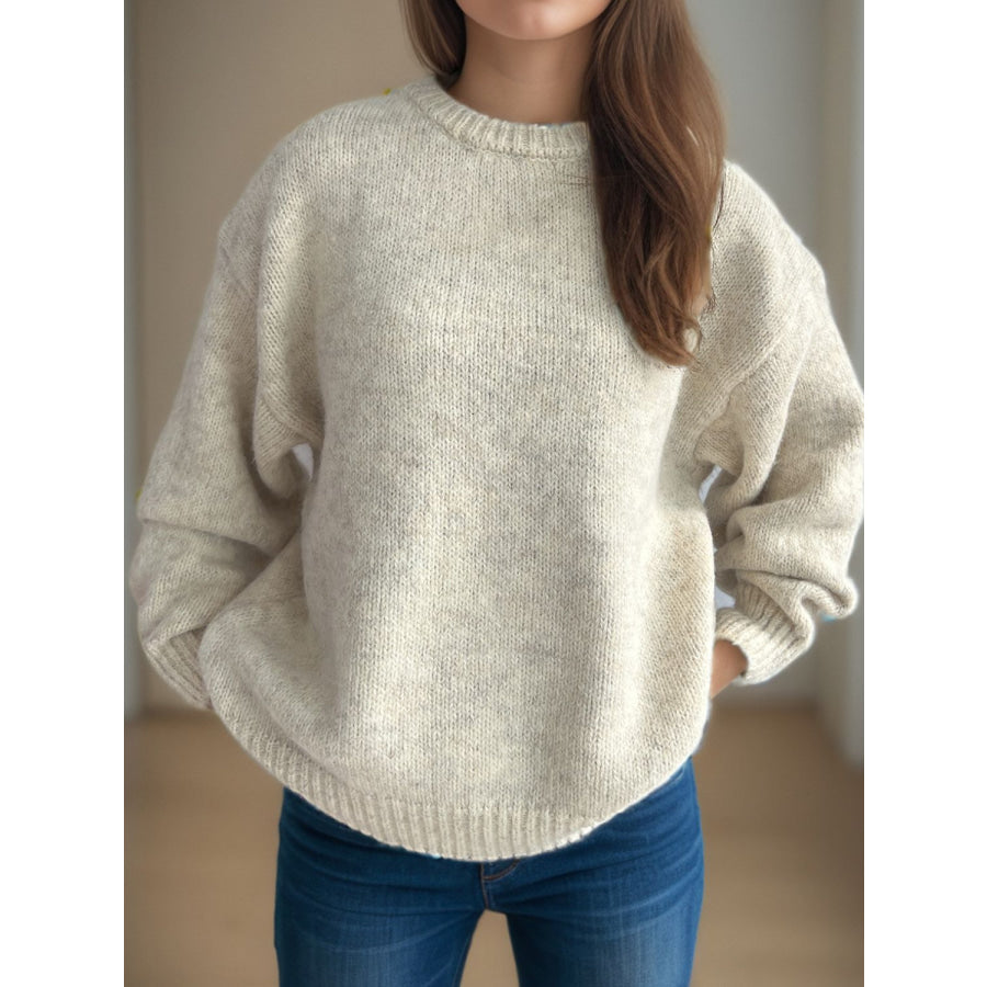 Round Neck Long Sleeve Sweater Beige / One Size Apparel and Accessories