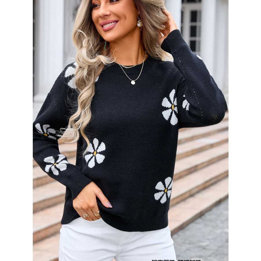 Round Neck Long Sleeve Sweater Black / S Apparel and Accessories