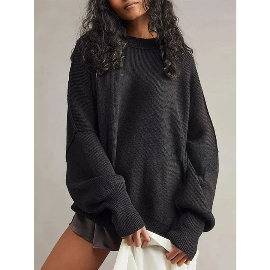 Round Neck Long Sleeve Sweater Black / S Apparel and Accessories