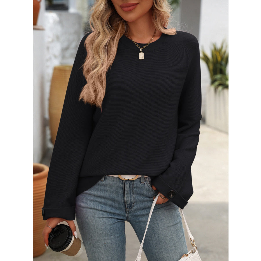 Round Neck Long Sleeve Sweater Black / S Apparel and Accessories