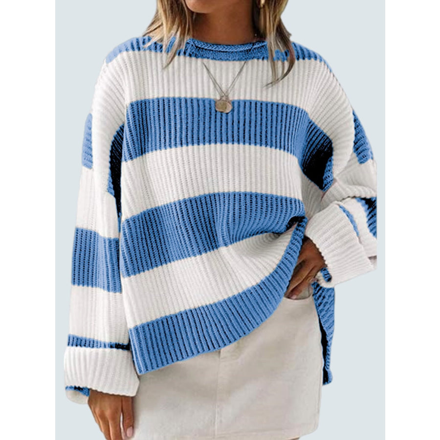 Round Neck Long Sleeve Sweater Blue / S Apparel and Accessories