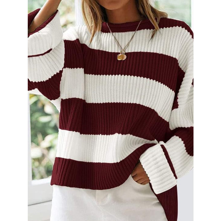 Round Neck Long Sleeve Sweater Burgundy / S Apparel and Accessories