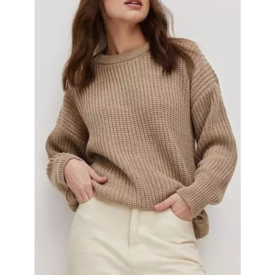 Round Neck Long Sleeve Sweater Camel / S Apparel and Accessories