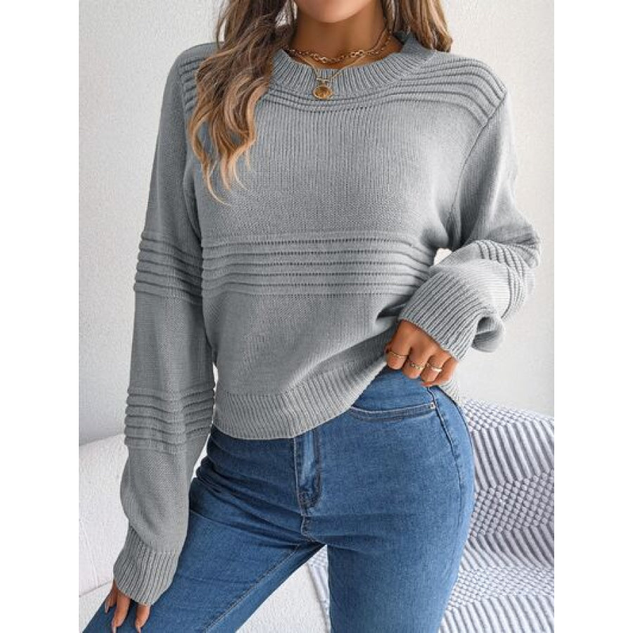Round Neck Long Sleeve Sweater Charcoal / S Apparel and Accessories