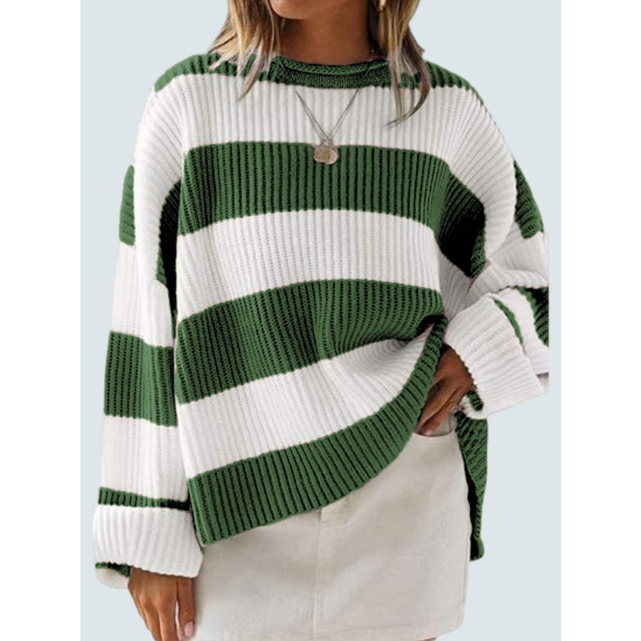 Round Neck Long Sleeve Sweater Dark Green / S Apparel and Accessories