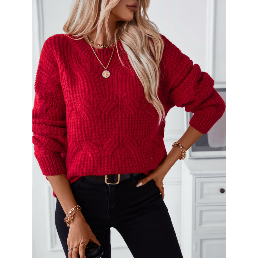 Round Neck Long Sleeve Sweater Deep Red / S Apparel and Accessories