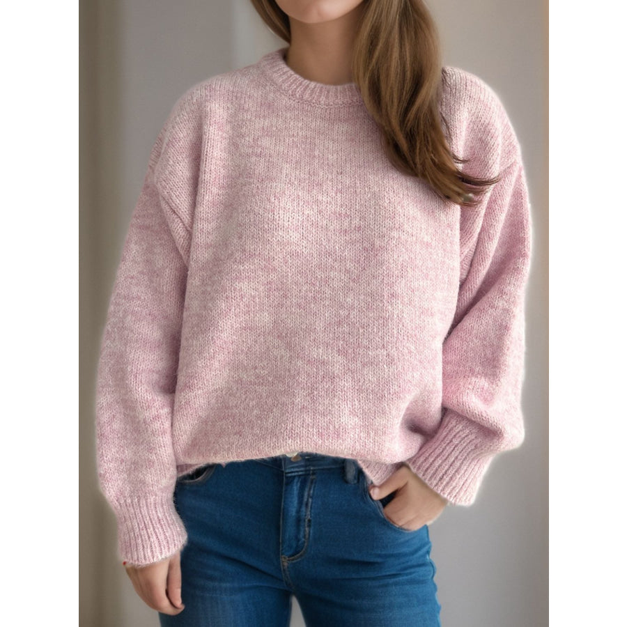 Round Neck Long Sleeve Sweater Dusty Pink / One Size Apparel and Accessories