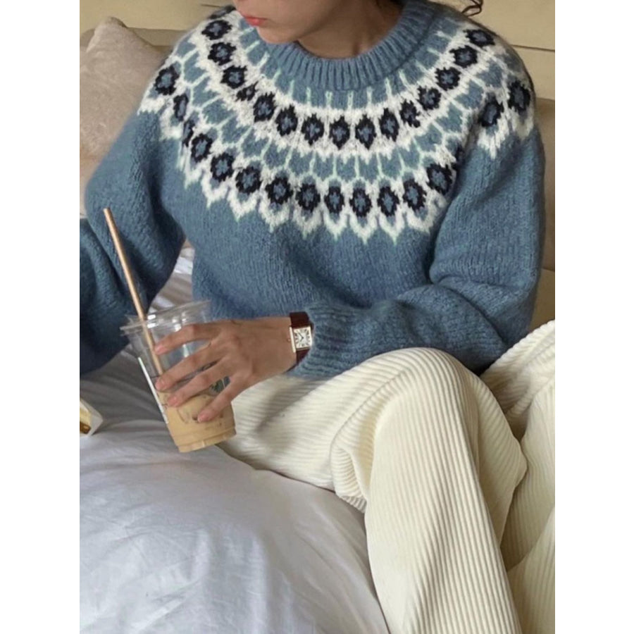 Round Neck Long Sleeve Sweater French Blue / S Apparel and Accessories