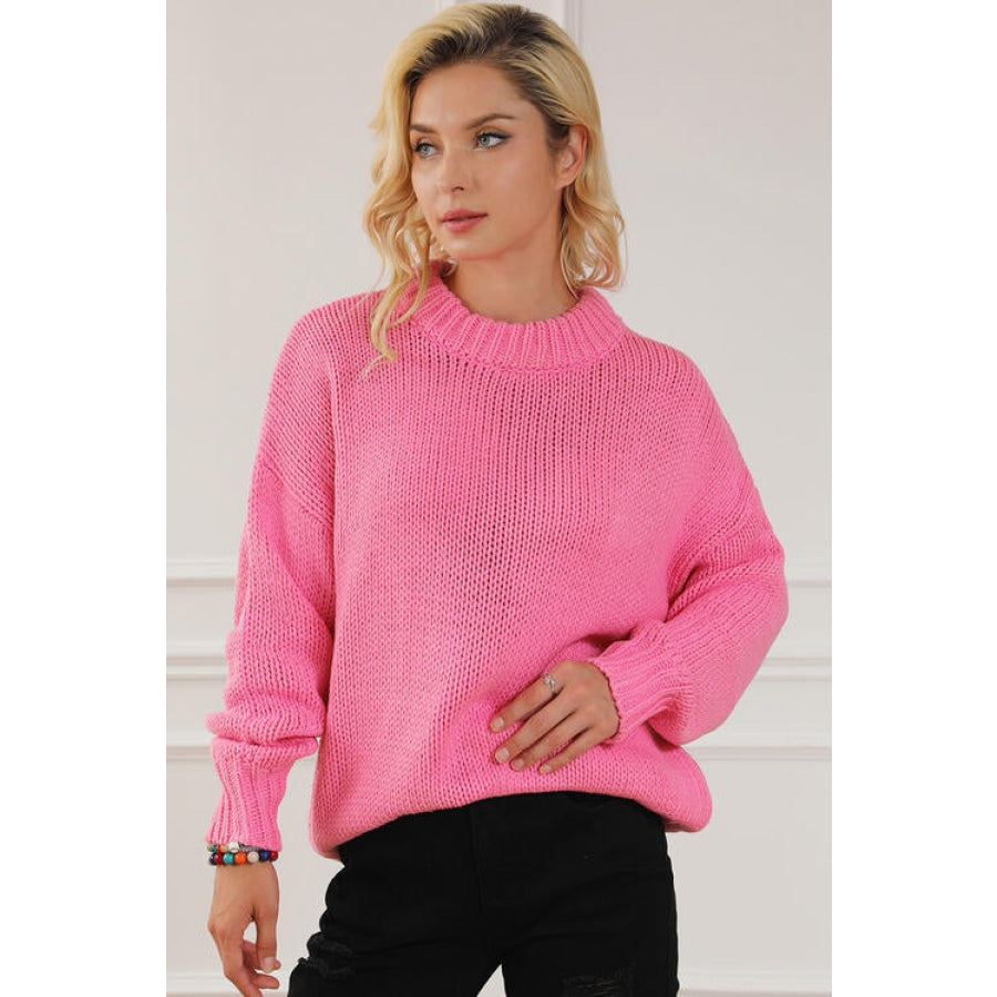 Round Neck Long Sleeve Sweater Fuchsia Pink / M Clothing