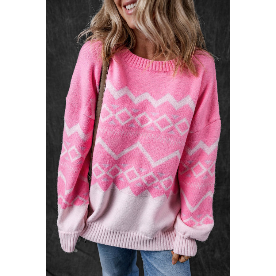 Round Neck Long Sleeve Sweater Fuchsia Pink / S Apparel and Accessories