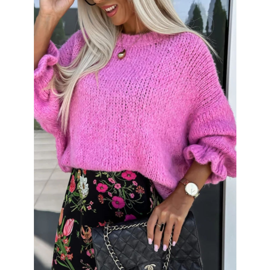 Round Neck Long Sleeve Sweater Fuchsia Pink / S Apparel and Accessories