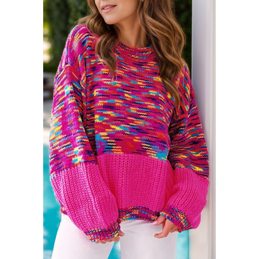 Round Neck Long Sleeve Sweater Hot Pink / S Apparel and Accessories