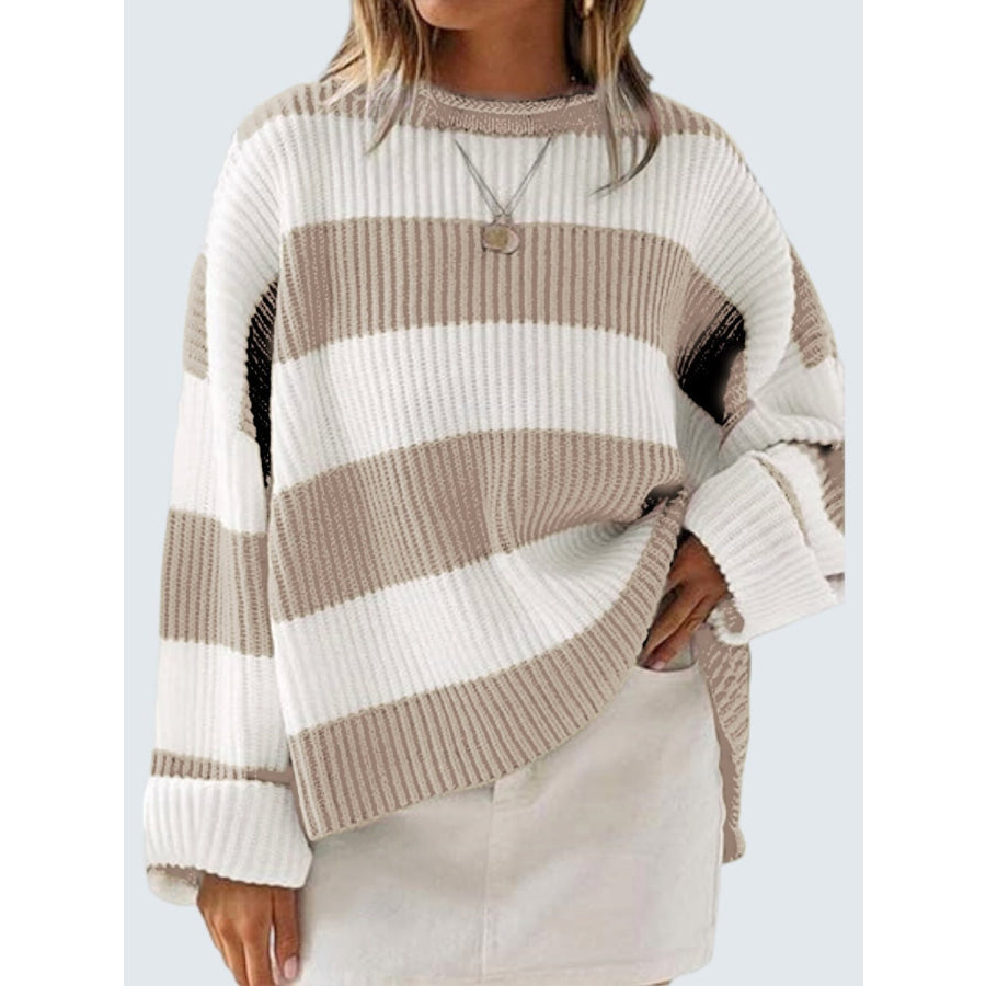 Round Neck Long Sleeve Sweater Khaki / S Apparel and Accessories