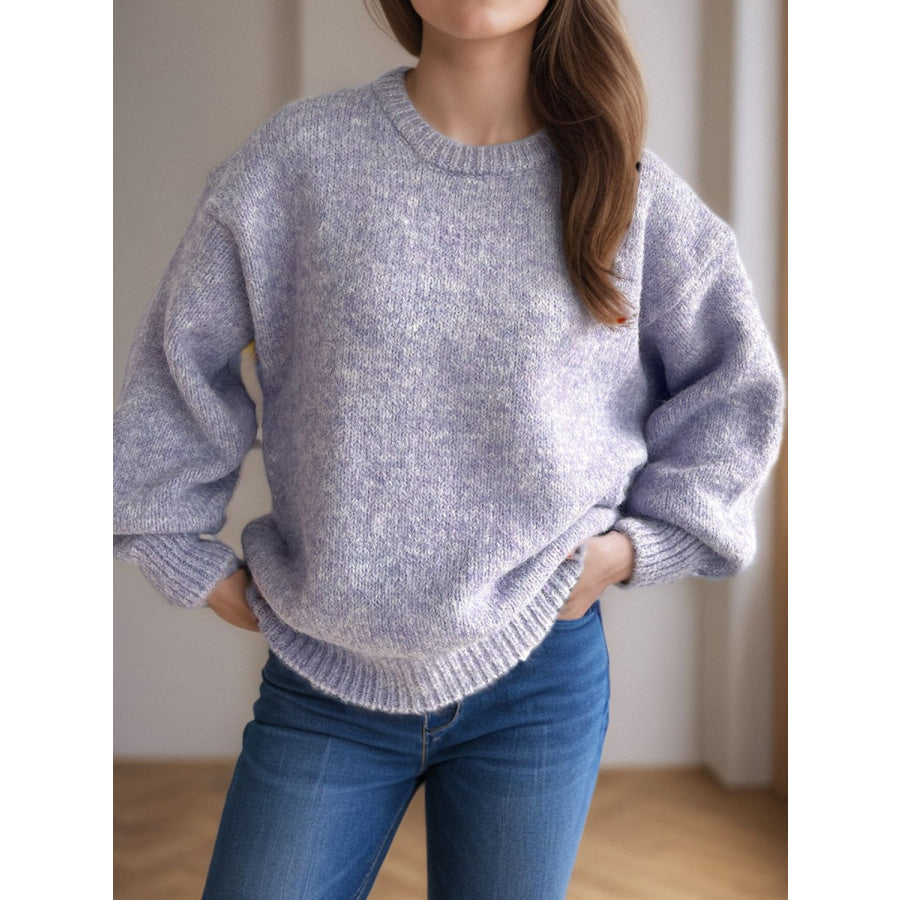 Round Neck Long Sleeve Sweater Lavender / One Size Apparel and Accessories