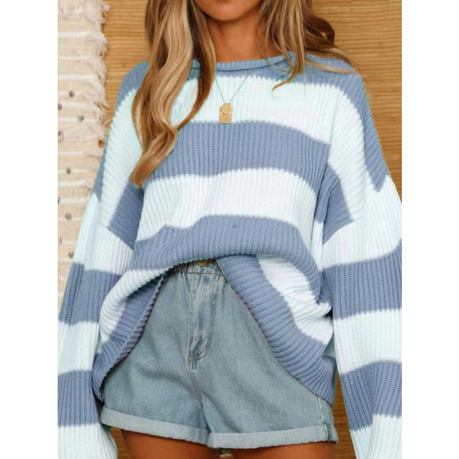 Round Neck Long Sleeve Sweater Light Blue / S Apparel and Accessories