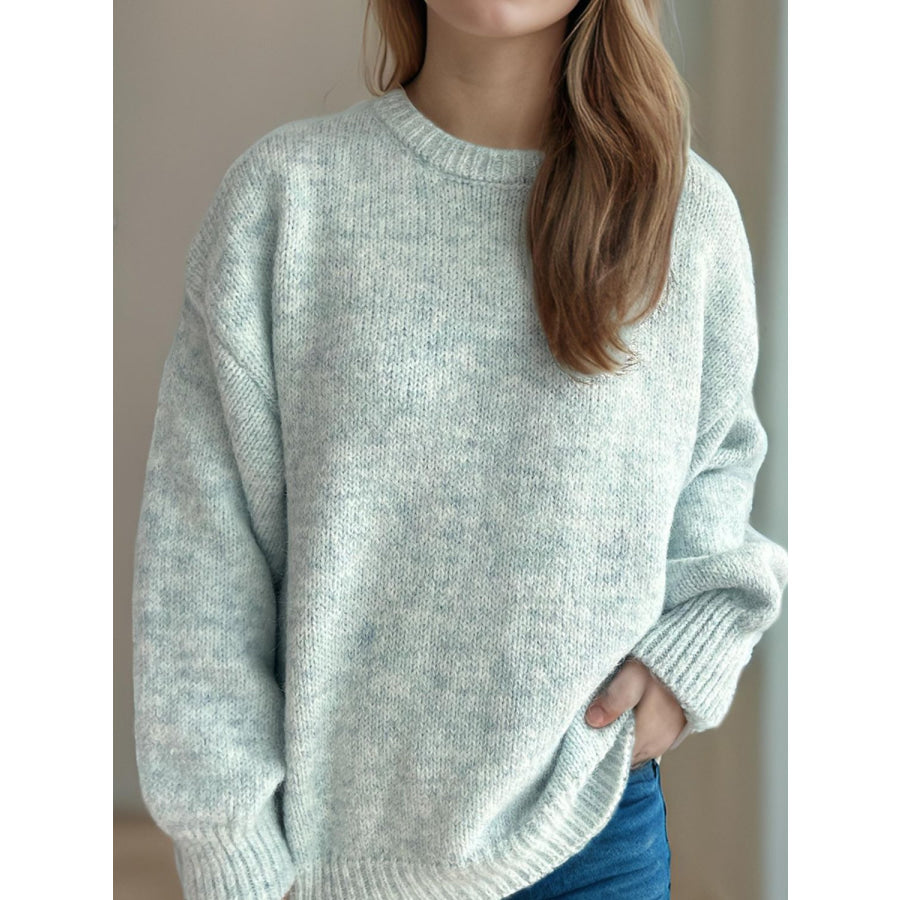 Round Neck Long Sleeve Sweater Light Green / One Size Apparel and Accessories