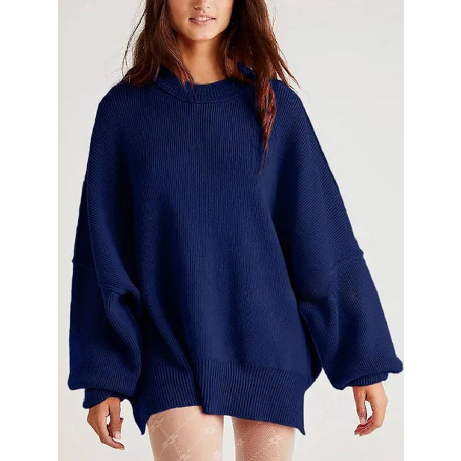 Round Neck Long Sleeve Sweater Navy / S Apparel and Accessories