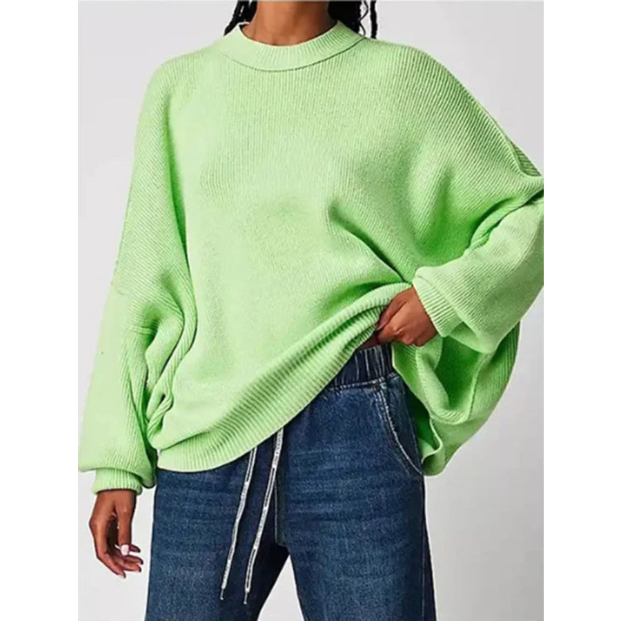 Round Neck Long Sleeve Sweater Neon Green / S Apparel and Accessories