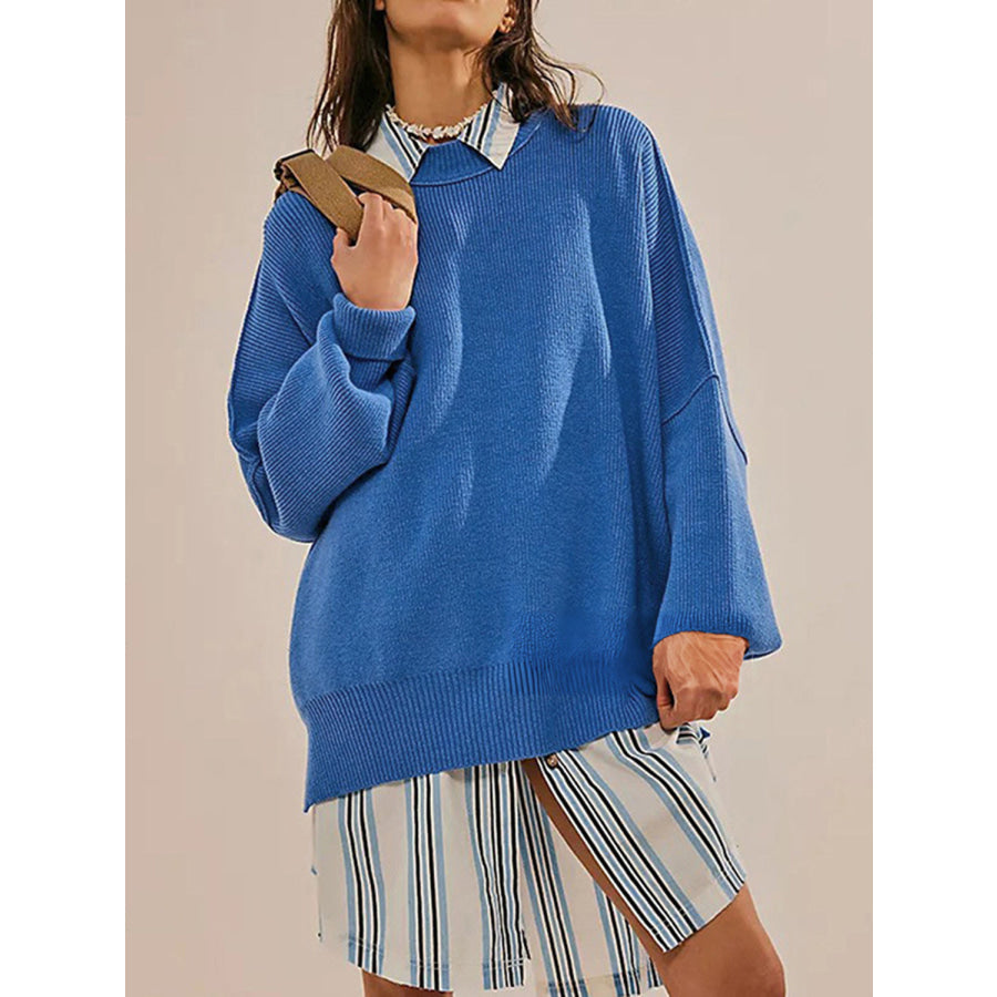 Round Neck Long Sleeve Sweater Royal Blue / S Apparel and Accessories